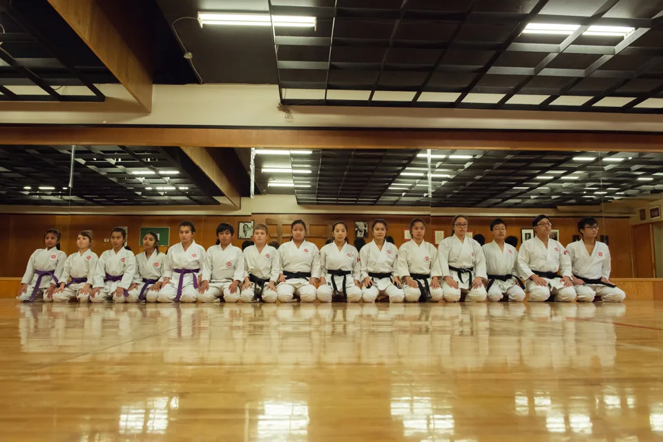 ISKF Calgary students lined up in seiza at the dojo